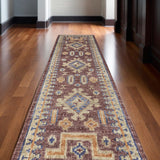 12' Blue Red and Tan Wool Geometric Hand Knotted Runner Rug With Fringe