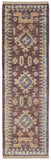 12' Blue Red and Tan Wool Geometric Hand Knotted Runner Rug With Fringe