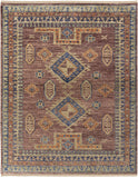 2' X 3' Blue Red and Tan Wool Geometric Hand Knotted Area Rug With Fringe