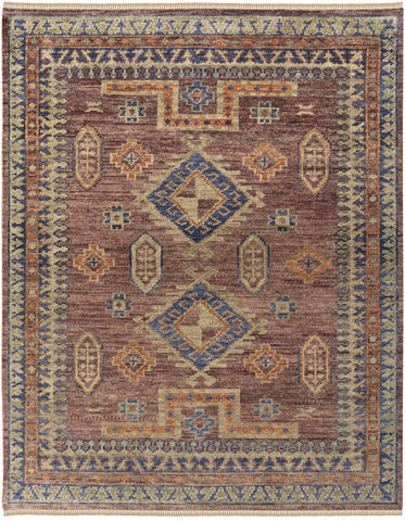 2' X 3' Blue Red and Tan Wool Geometric Hand Knotted Area Rug With Fringe