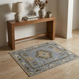 3' X 5' Ivory Tan and Blue Wool Oriental Hand Knotted Area Rug With Fringe