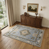 4' X 6' Ivory Tan and Blue Wool Oriental Hand Knotted Area Rug With Fringe