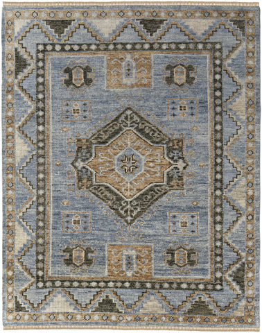 4' X 6' Ivory Tan and Blue Wool Oriental Hand Knotted Area Rug With Fringe