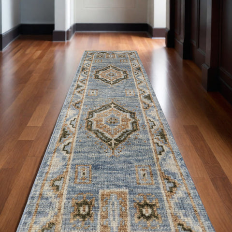 10' Ivory Tan and Blue Wool Oriental Hand Knotted Runner Rug With Fringe