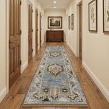 12' Ivory Tan and Blue Wool Oriental Hand Knotted Runner Rug With Fringe