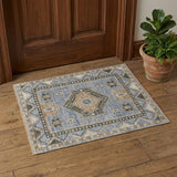 2' X 3' Ivory Tan and Blue Wool Oriental Hand Knotted Area Rug With Fringe