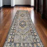 10' Blue Gray and Tan Wool Oriental Hand Knotted Runner Rug With Fringe
