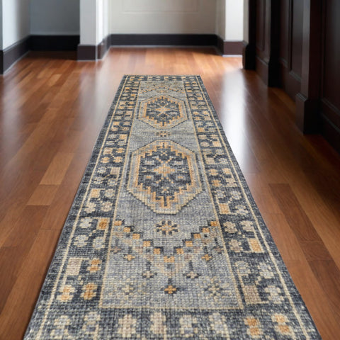 10' Blue Gray and Tan Wool Oriental Hand Knotted Runner Rug With Fringe
