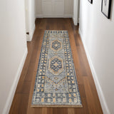 8' Blue Gray and Tan Wool Oriental Hand Knotted Runner Rug With Fringe
