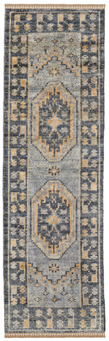 8' Blue Gray and Tan Wool Oriental Hand Knotted Runner Rug With Fringe