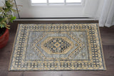2' X 3' Blue Gray and Tan Wool Oriental Hand Knotted Area Rug With Fringe