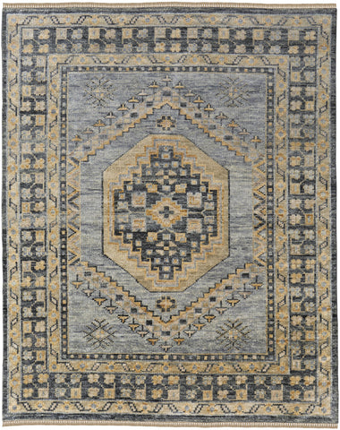 2' X 3' Blue Gray and Tan Wool Oriental Hand Knotted Area Rug With Fringe