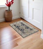3' X 5' Blue and Ivory Wool Geometric Hand Knotted Area Rug With Fringe