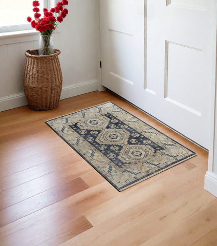 3' X 5' Blue and Ivory Wool Geometric Hand Knotted Area Rug With Fringe