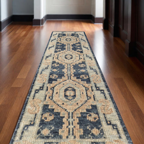 12' Blue and Ivory Wool Geometric Hand Knotted Runner Rug With Fringe