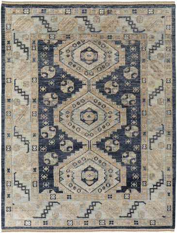 2' X 3' Blue and Ivory Wool Geometric Hand Knotted Area Rug With Fringe