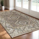 3' X 5' Ivory Gray And Brown Wool Geometric Hand Knotted Area Rug With Fringe