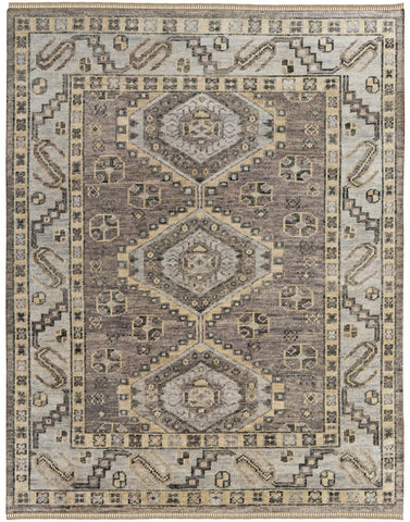 3' X 5' Ivory Gray And Brown Wool Geometric Hand Knotted Area Rug With Fringe