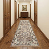 10' Ivory Gray and Brown Wool Geometric Hand Knotted Runner Rug With Fringe