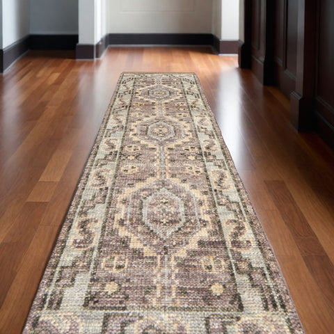 12' Ivory Gray and Brown Wool Geometric Hand Knotted Runner Rug With Fringe
