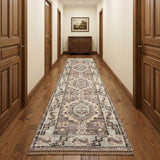 12' Ivory Gray and Brown Wool Geometric Hand Knotted Runner Rug With Fringe
