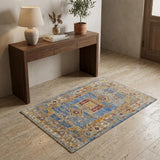 3' X 5' Blue Red and Yellow Wool Geometric Hand Knotted Area Rug With Fringe