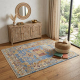 4' X 6' Blue Red and Yellow Wool Geometric Hand Knotted Area Rug With Fringe