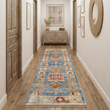 12' Blue Red and Yellow Wool Geometric Hand Knotted Runner Rug With Fringe