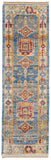 12' Blue Red and Yellow Wool Geometric Hand Knotted Runner Rug With Fringe