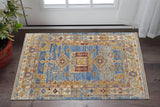 2' X 3' Blue Red and Yellow Wool Geometric Hand Knotted Area Rug With Fringe