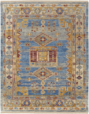 2' X 3' Blue Red and Yellow Wool Geometric Hand Knotted Area Rug With Fringe