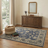 4' X 6' Blue and Gray Wool Floral Hand Knotted Area Rug With Fringe