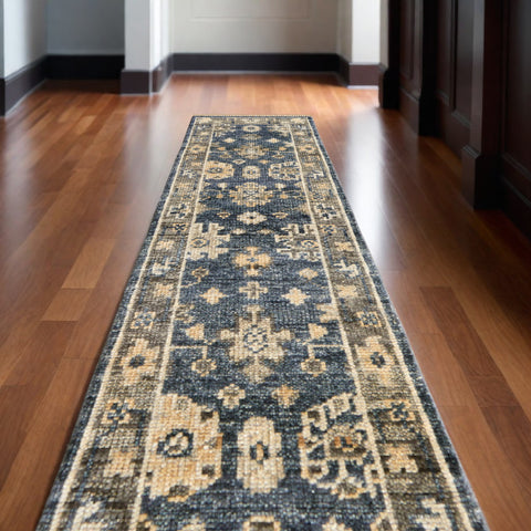 12' Blue and Gray Wool Floral Hand Knotted Runner Rug With Fringe