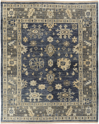 2' X 3' Blue and Gray Wool Floral Hand Knotted Area Rug With Fringe