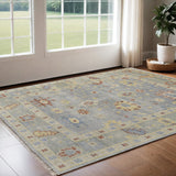 3' X 5' Blue Taupe And Gray Wool Floral Hand Knotted Area Rug With Fringe