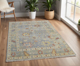4' X 6' Blue Taupe And Gray Wool Floral Hand Knotted Area Rug With Fringe