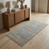 3' X 5' Green Blue and Yellow Wool Geometric Hand Knotted Area Rug With Fringe