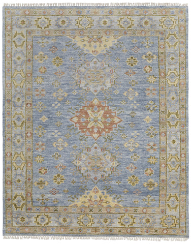 2' X 3' Green Blue and Yellow Wool Geometric Hand Knotted Area Rug With Fringe