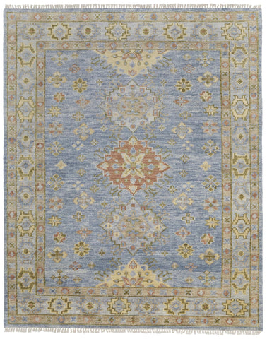 2' X 3' Green Blue and Yellow Wool Geometric Hand Knotted Area Rug With Fringe