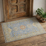 2' X 3' Green Blue and Yellow Wool Geometric Hand Knotted Area Rug With Fringe