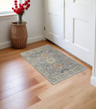 3' X 5' Gray Blue and Taupe Wool Geometric Hand Knotted Area Rug With Fringe