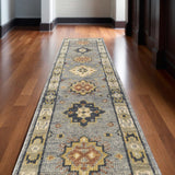 10' Gray Blue and Taupe Wool Geometric Hand Knotted Runner Rug With Fringe