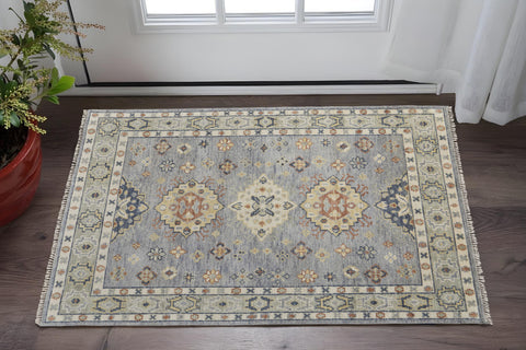 2' X 3' Gray Blue and Taupe Wool Geometric Hand Knotted Area Rug With Fringe