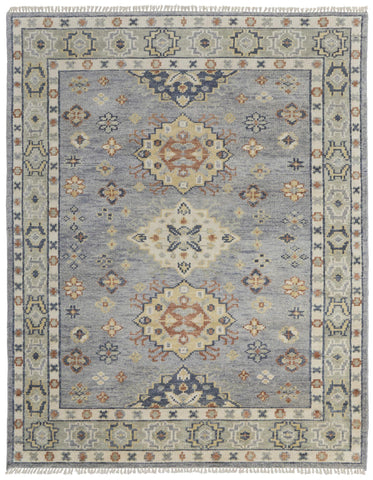 2' X 3' Gray Blue and Taupe Wool Geometric Hand Knotted Area Rug With Fringe