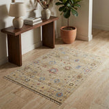 3' X 5' Tan Brown and Blue Wool Floral Hand Knotted Area Rug With Fringe