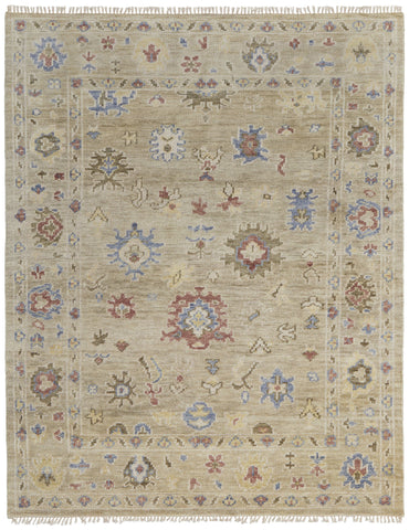 4' X 6' Tan Brown and Blue Wool Floral Hand Knotted Area Rug With Fringe