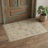 2' X 3' Tan Brown and Blue Wool Floral Hand Knotted Area Rug With Fringe