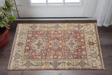 2' X 3' Ivory Red and Gold Wool Oriental Hand Knotted Area Rug With Fringe