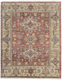 2' X 3' Ivory Red and Gold Wool Oriental Hand Knotted Area Rug With Fringe