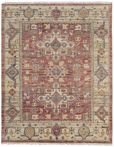 2' X 3' Ivory Red and Gold Wool Oriental Hand Knotted Area Rug With Fringe